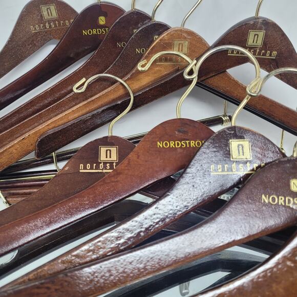 VTG Nordstrom Sturdy Wooden Hangers Mahogany Cherry Gloss Lot of 12 w Slack Bars - Picture 6 of 8